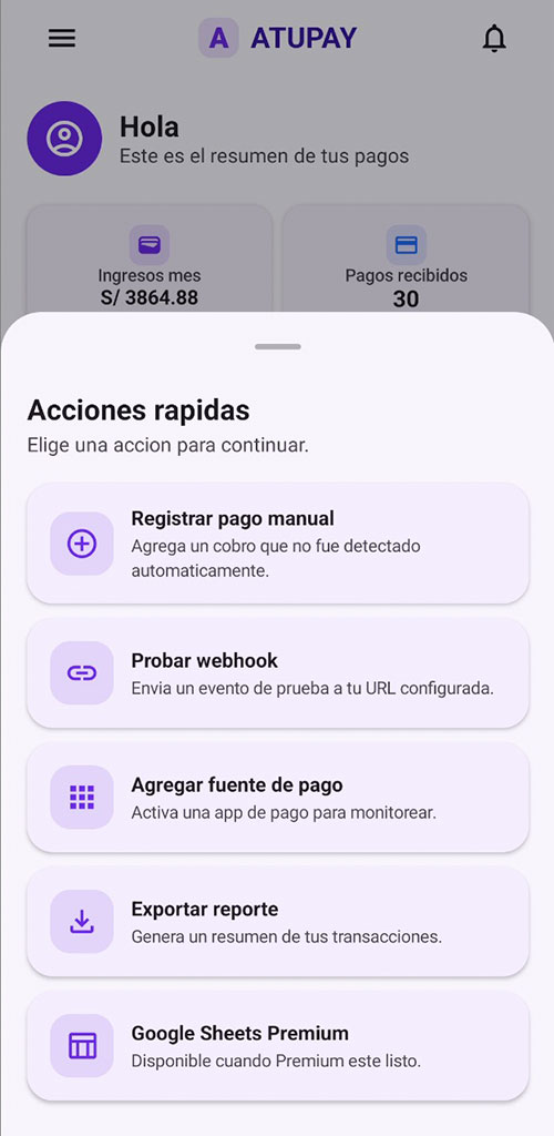 Panel de acciones rapidas de ATUPAY
