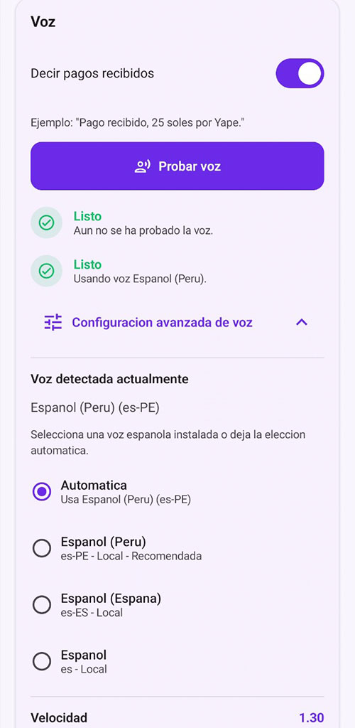 Configuracion avanzada de voz en ATUPAY